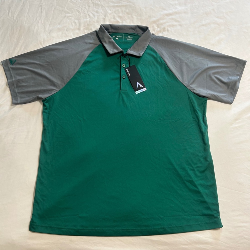 Antigua Mens XL Green Grey Raglan Short Sleeve Golf Polo Shirt New